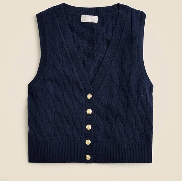 J.Crew Cashmere Cropped Cable-Knit Sweater-Vest in Navy Blue Size Medium - Picture 2 of 10